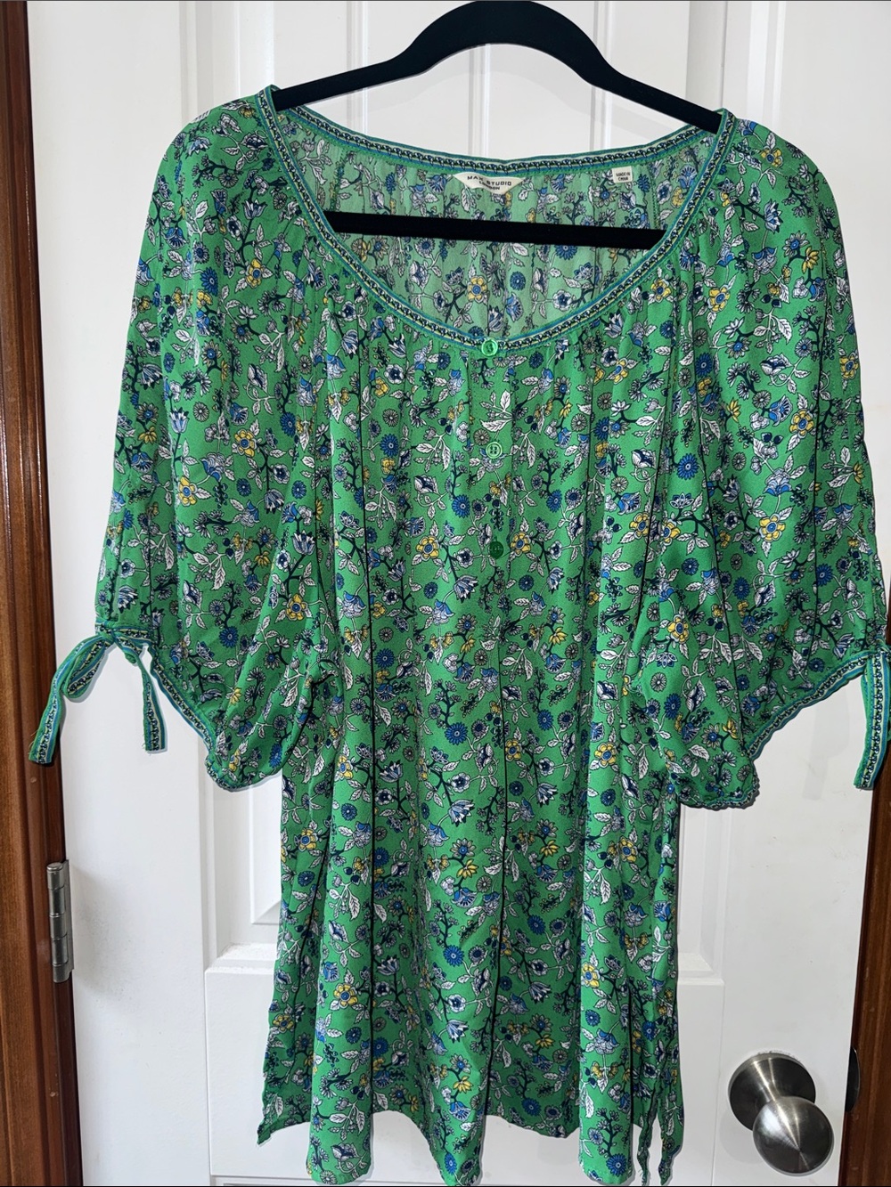 Max Studio Green Floral Blouse with Blue and Yellow Accents